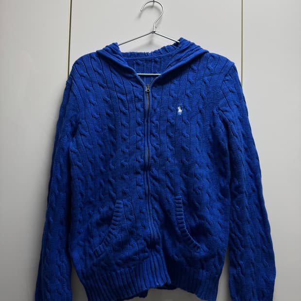 폴로 케이블 블루 후드 니트집업