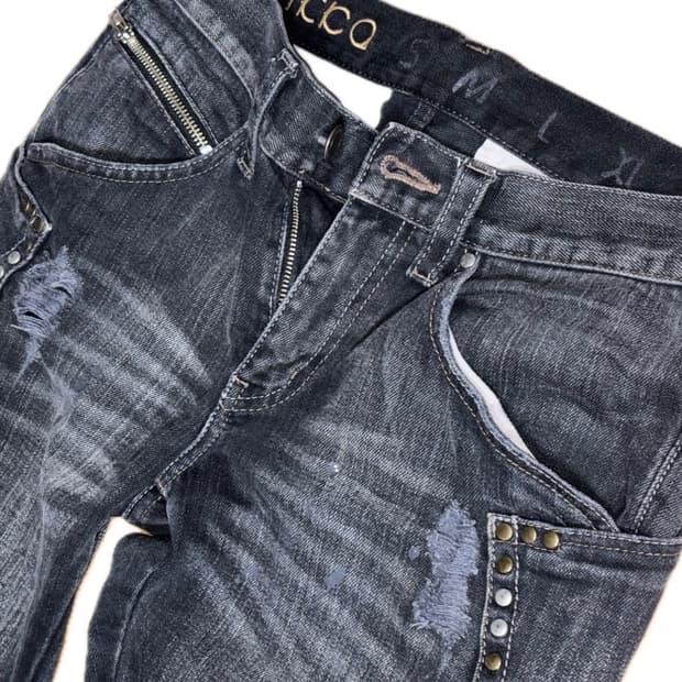 대장템 y2k 글리터 워싱 흑청 데님 로우라이즈