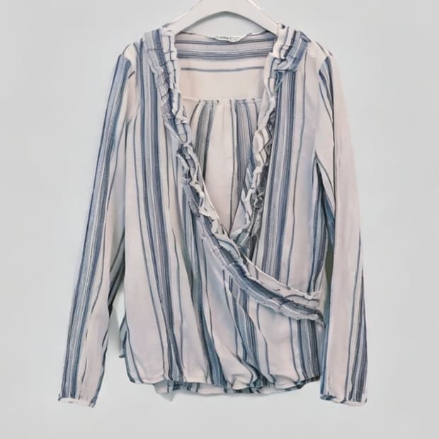ZARA BASIC 면 100% 프릴 스트라이프 크로스 블라우스 M