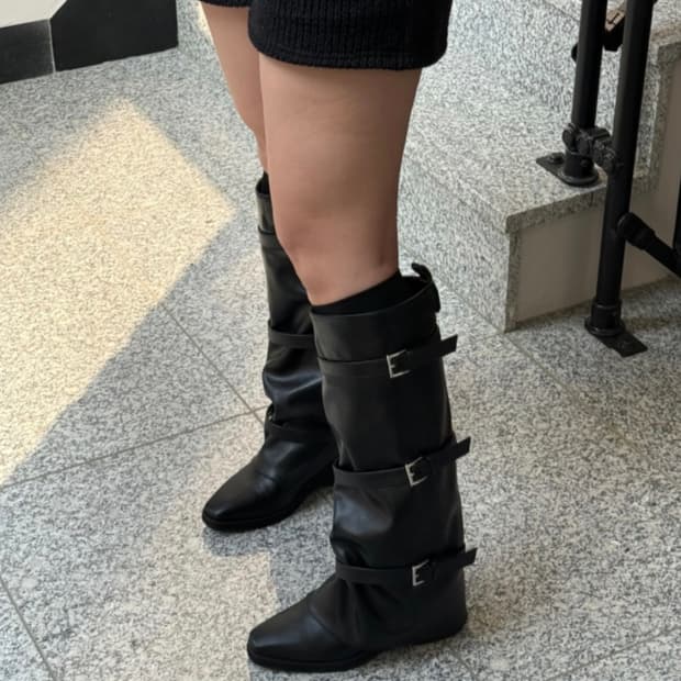 블랙 버클 셔링 롱부츠