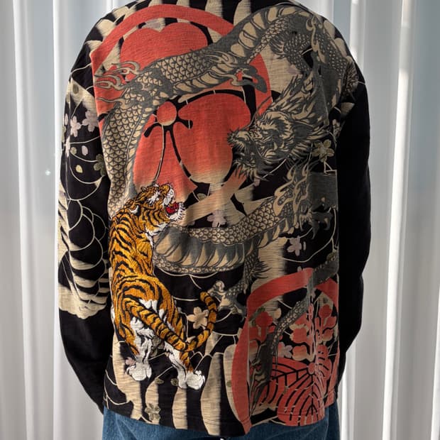 [2XL]재패니즈 오리엔탈 용호상박 호랑이 자수 롱슬리브