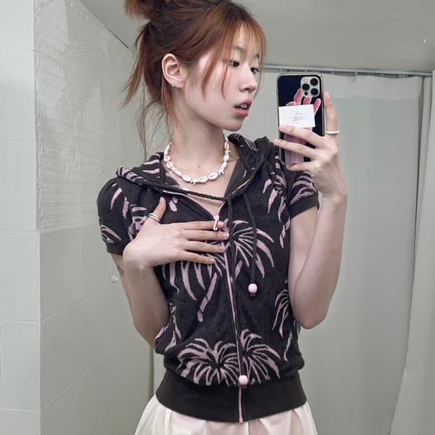 쥬시꾸뛰르 핑크 브라운 테리 반팔 후드집업 