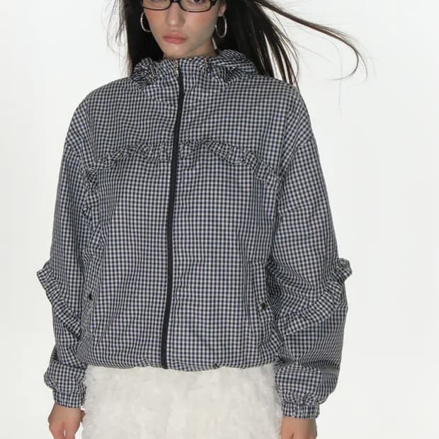 크랭크 체크 프릴 바람막이 네이비