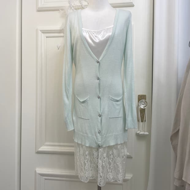 mint pocket long cardigan&white lace sat