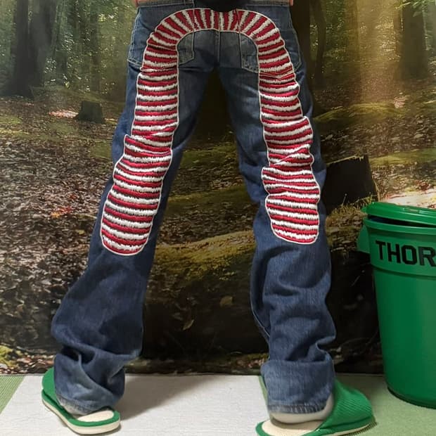 에비수 재팬 자수 백로고 데님 팬츠