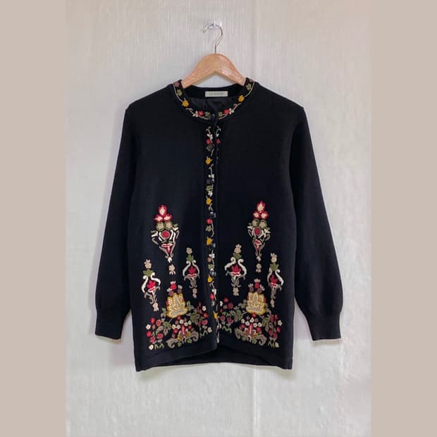Vintage Black Floral Wool Cardigan