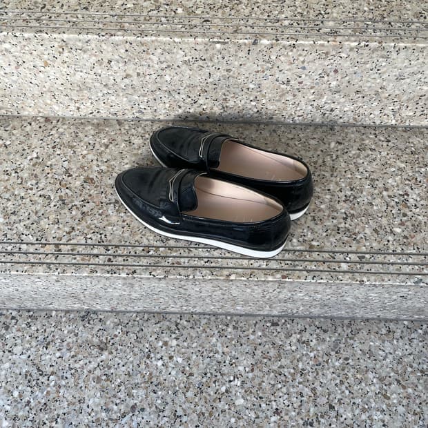 elle black patent loafers