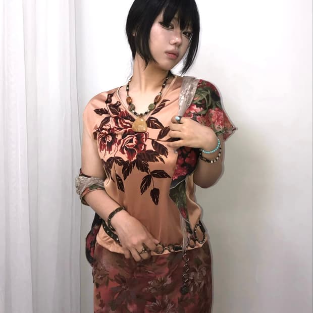 oriental rose print satin v neck top