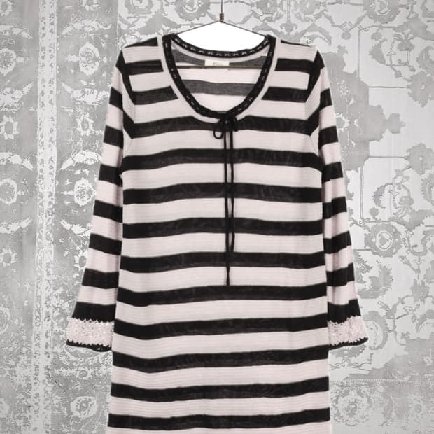 스트라이프 레이스 니트 원피스 L