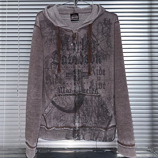 2000s 할리데이비슨 브라운 그래픽 후드 집업