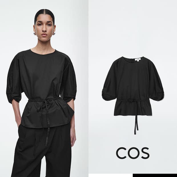 COS 코스 벨티드 퍼프 슬리브 블라우스 블랙