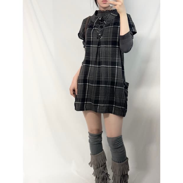 버튼 넥 체크 패턴 튜닉 원피스