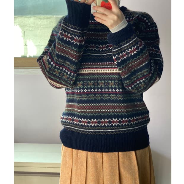 made in japan) 네이비 패턴 울스웨터