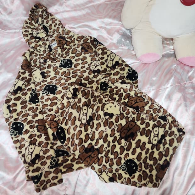 오네 갸루 안경 키티 호피 홈웨어 레오파드 후드 수면 잠옷 세트