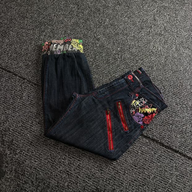 일본 빈티지 패치워크 그래픽 루즈핏 데님 팬츠 3886