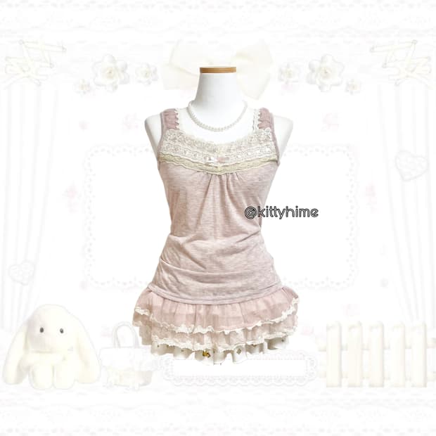 일본빈티지 히메갸루 핑크도트슬리브리스 러블리 도트탑 땡땡이나시갸루러블리