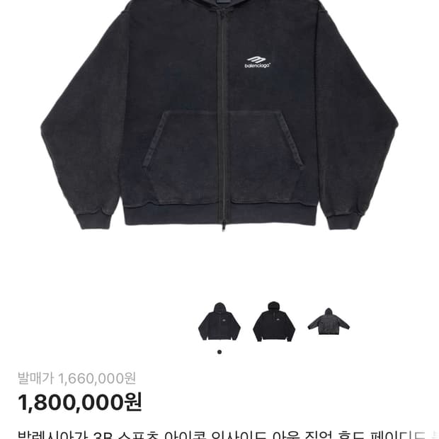 발렌시아가 3B 스포츠 아이콘 인사이드 아웃 집업 후드 페이디드 블랙