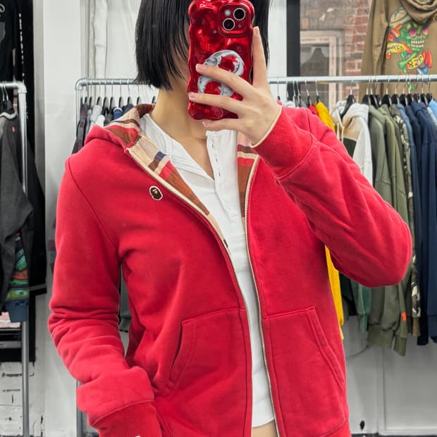 베이프 레드&체크 리버시블 후드집업