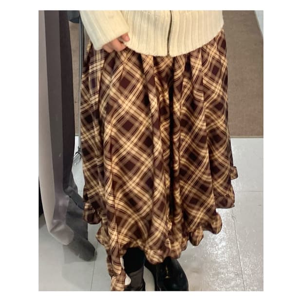 브라운체크 언발란스 롱치마 일본빈티지 🤎