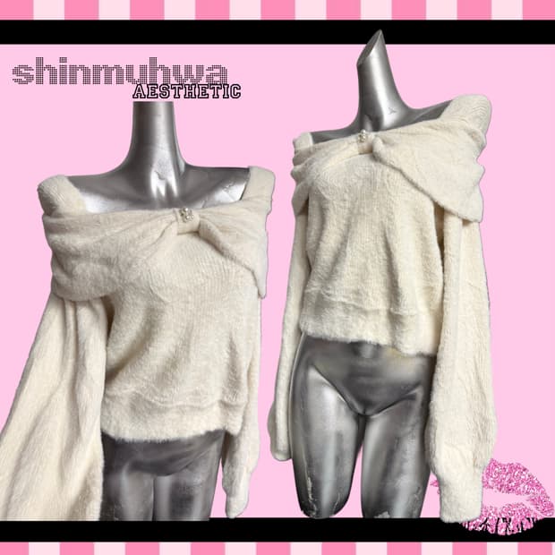 갸루 리본 큐빅디테일 오프숄더 니트