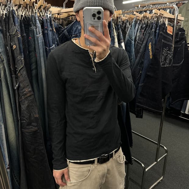 L) 재패니즈 빈티지 블랙 헨리넥 롱슬리브 긴팔티