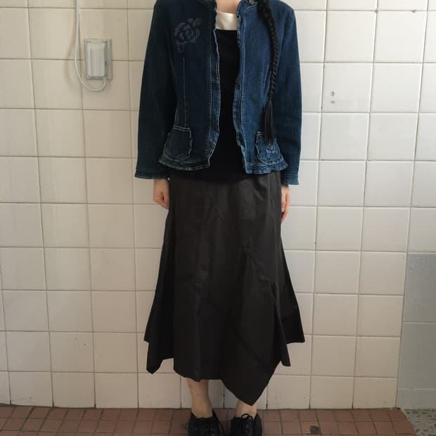 Flower point open denim jacket