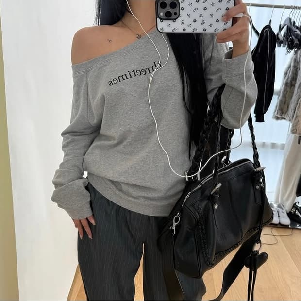 쓰리타임즈 베이직 로고 오프탑 그레이 s 오프숄더