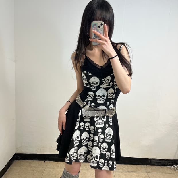 스컬 프린팅 펑크 원피스