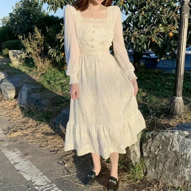 빈티지 레이스 자수 스퀘어넥 롱원피스