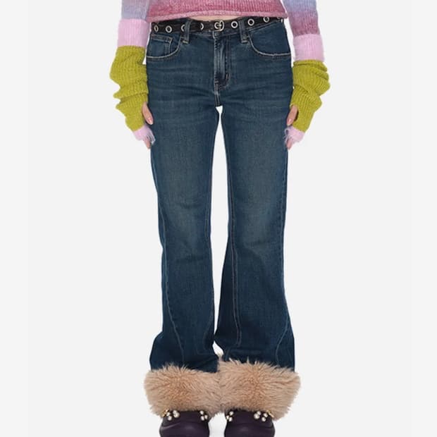 유쓰배쓰 Fur hem denim pants_blue