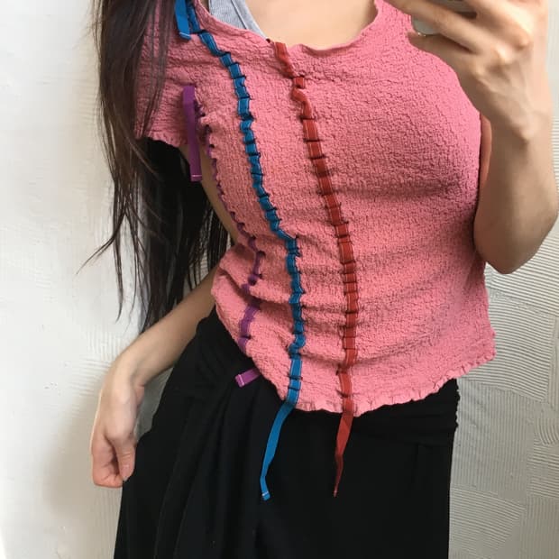 Issey Miyake 이세이미야케 미 핑크 플리츠 탑