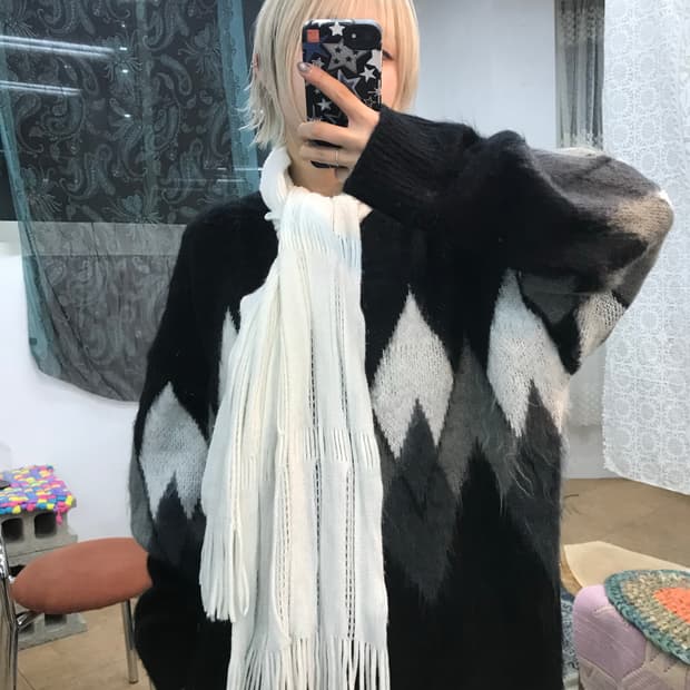 빈티지 화이트 틴셀 니트 머플러 목도리 