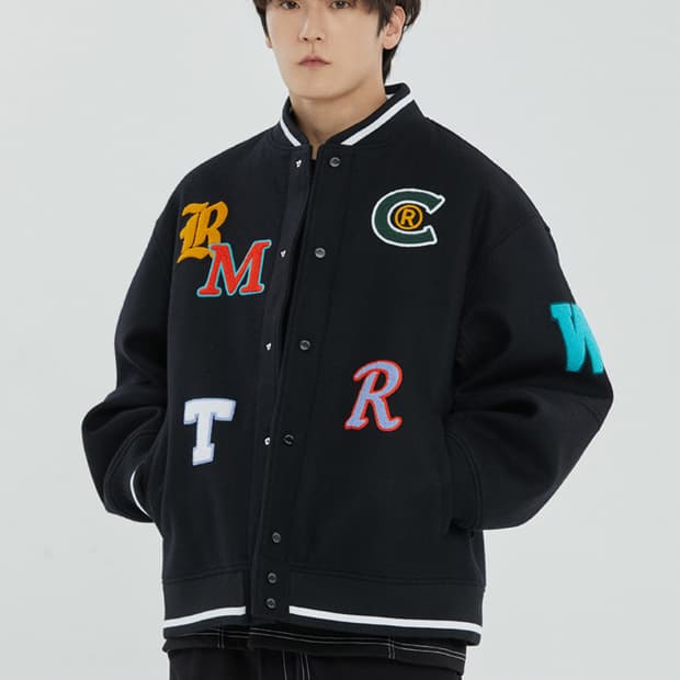 로맨틱크라운 폰트 울 로고 바시티 자켓 블랙 XL