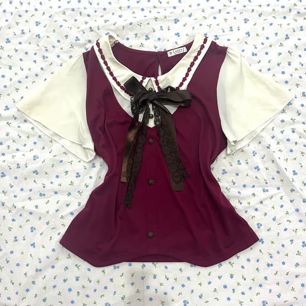 엑시즈팜 리본 반팔 블라우스 로걀탑 프레피 일녀 히메갸루 공겜여주 로리타