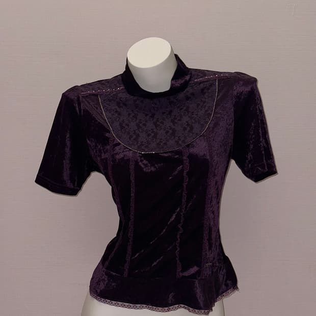 딥퍼플 빈티지 벨벳 반폴라 반소매 블라우스