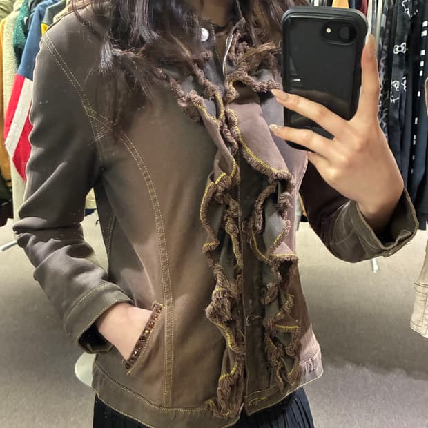 OS)Japanese vintage 여성 갈색 스터드 디테일 데님자켓