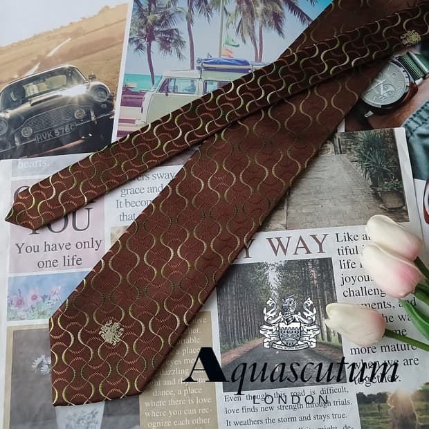 아쿠아스큐텀 실크 브라운 패턴 넥타이 9.4cm A+등급 A19310
