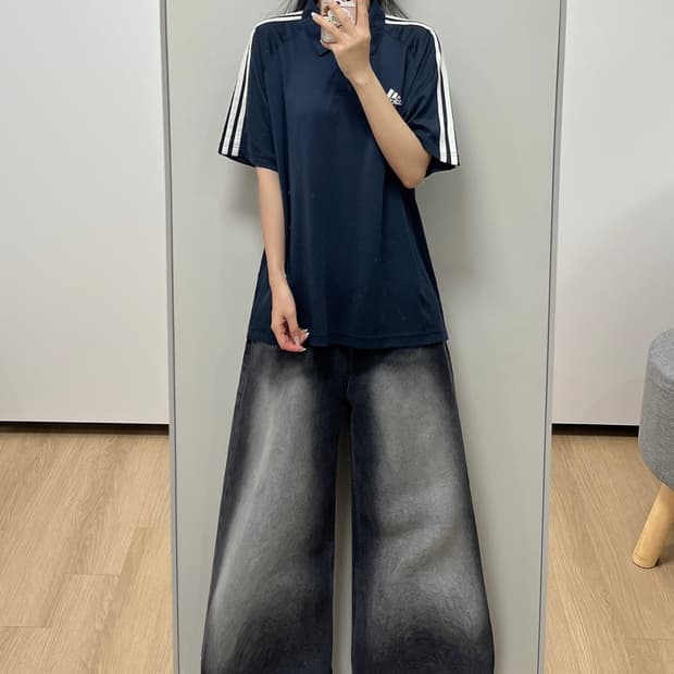 아디다스 자수로고 딥네이비 기능성 카라 반팔 티셔츠