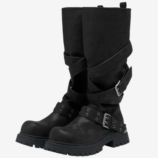 블랙퍼플 러스크 스트랩 슬라우치드 부츠 230