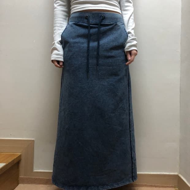 빈티지 데님 프린팅 코튼 롱 스커트