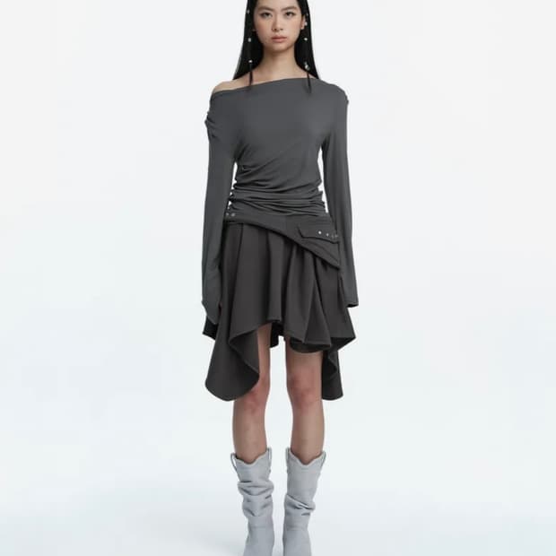 러프넥 벨티드 포켓 드레이프 스커트 그레이 s