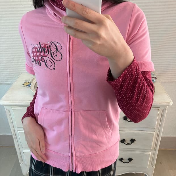 jpn vintage 핑크 레드와인 도트 레이어드 후드 집업 y2k 스트