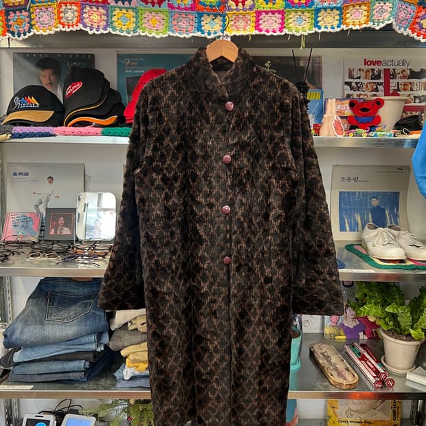 Deep Brown Patterned Faux Fur Long Coat