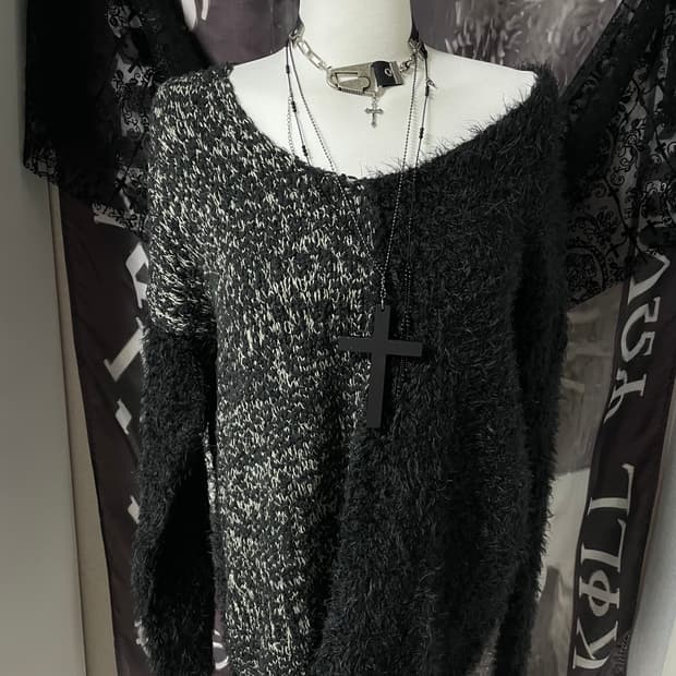 JPN 그런지 트리밍 오프숄더 루즈핏 니트 고딕고스펑크오네갸루다크웨어