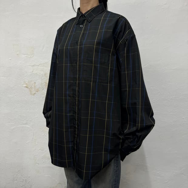 빔즈(BEAMS DoT) 브라운 믹스 체크 패턴 혼방 빅실루엣 셔츠