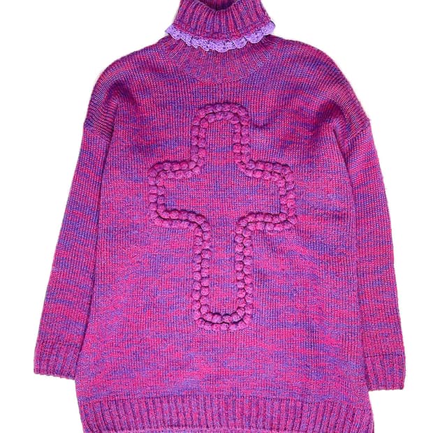 vintage 레이스 크로스 하이넥 니트 