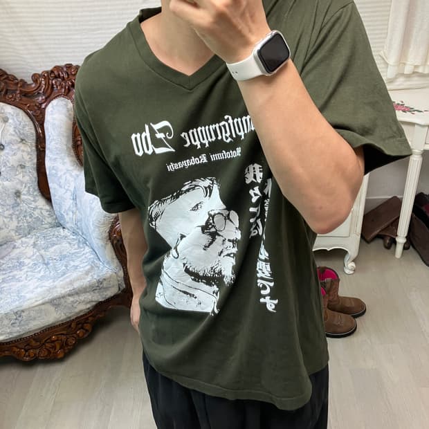 카키 니혼고 프린팅 반팔 1316 모리걸 일본빈티지