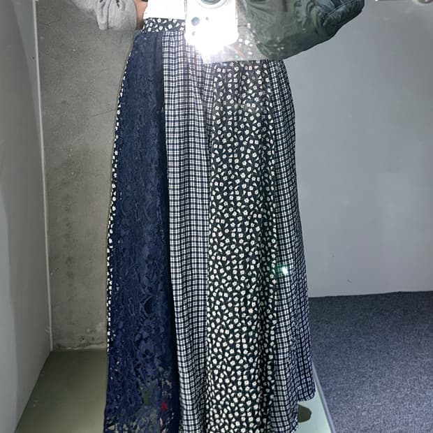 flower/lace/check pannel long skirt