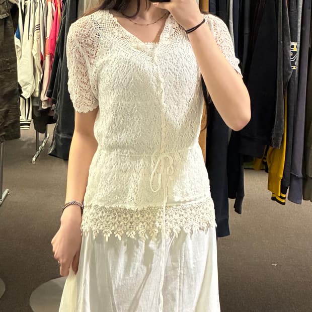 L)Japanese vintage 여성 꽃자수 반팔 그물 가디건