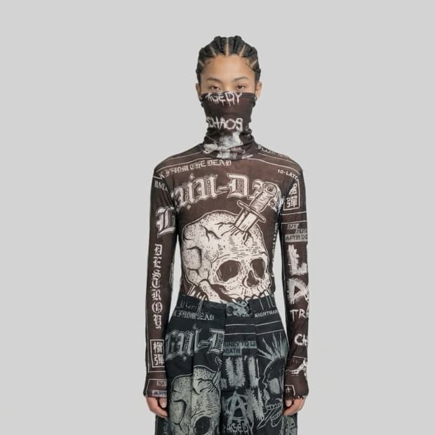 루단 2026 마스크 타투 프린팅 매쉬 롱슬리브